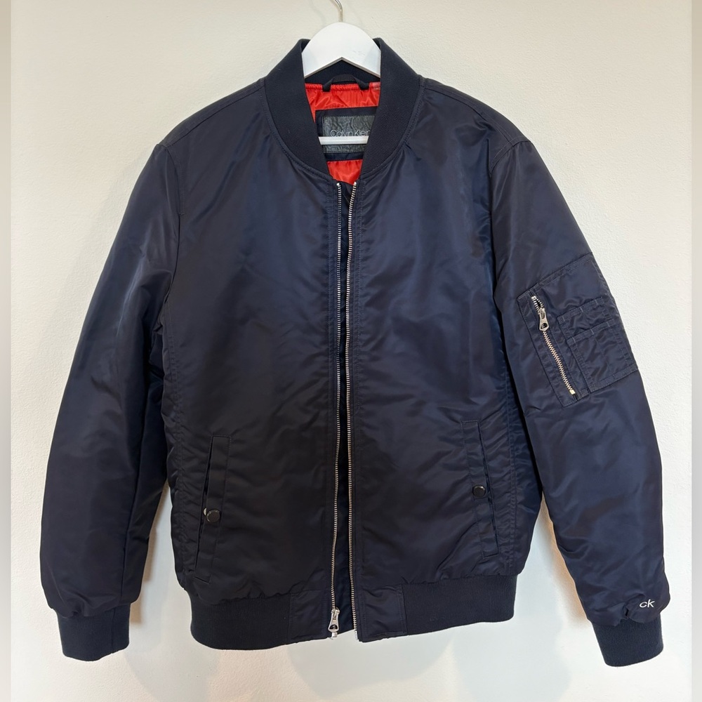 Calvin Klein Men's Classic Navy Bomber Jacket with Orange Lining